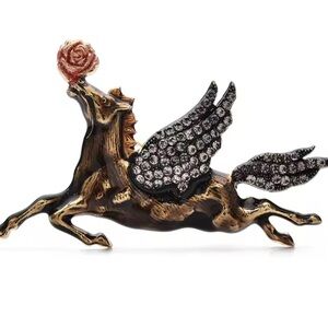 Angel Horse Pegasus Brown Brooch with Rose Accent